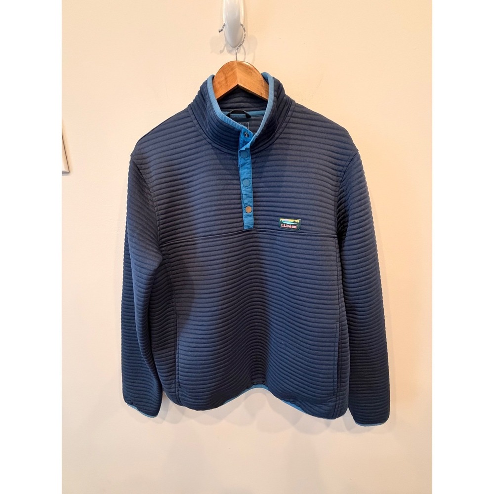 L.L. Bean Textured Fleece Snap Pullover Mens Large‎ Blue Slightly Fitted